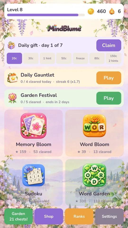 MindBlume home screen: daily gift, Daily Gauntlet, Garden Festival, and the four game tiles