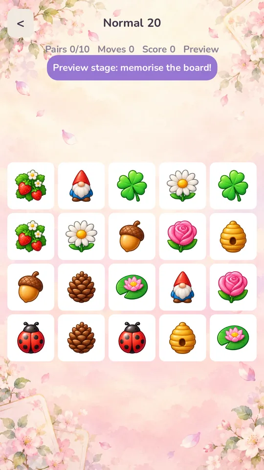 Memory Bloom stage with a grid of garden-themed picture cards