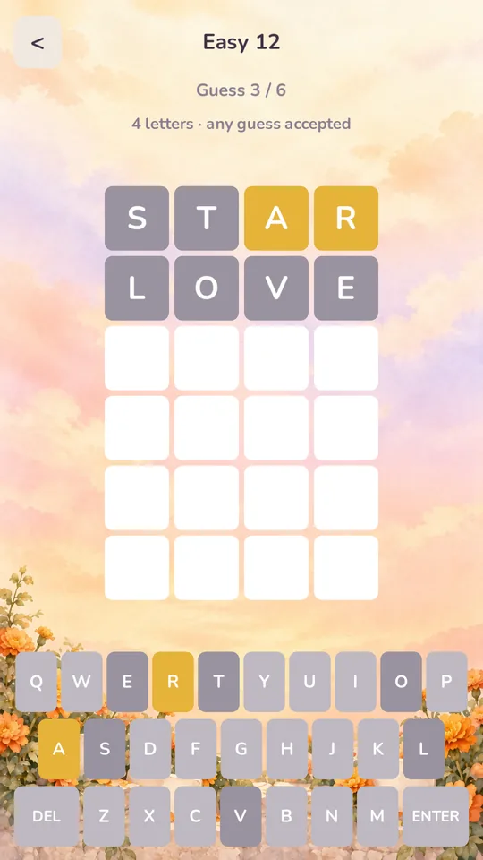 Word Bloom guesses with grey and gold letter tiles above the keyboard