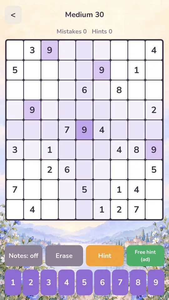 Sudoku grid with the selected row, column and box highlighted