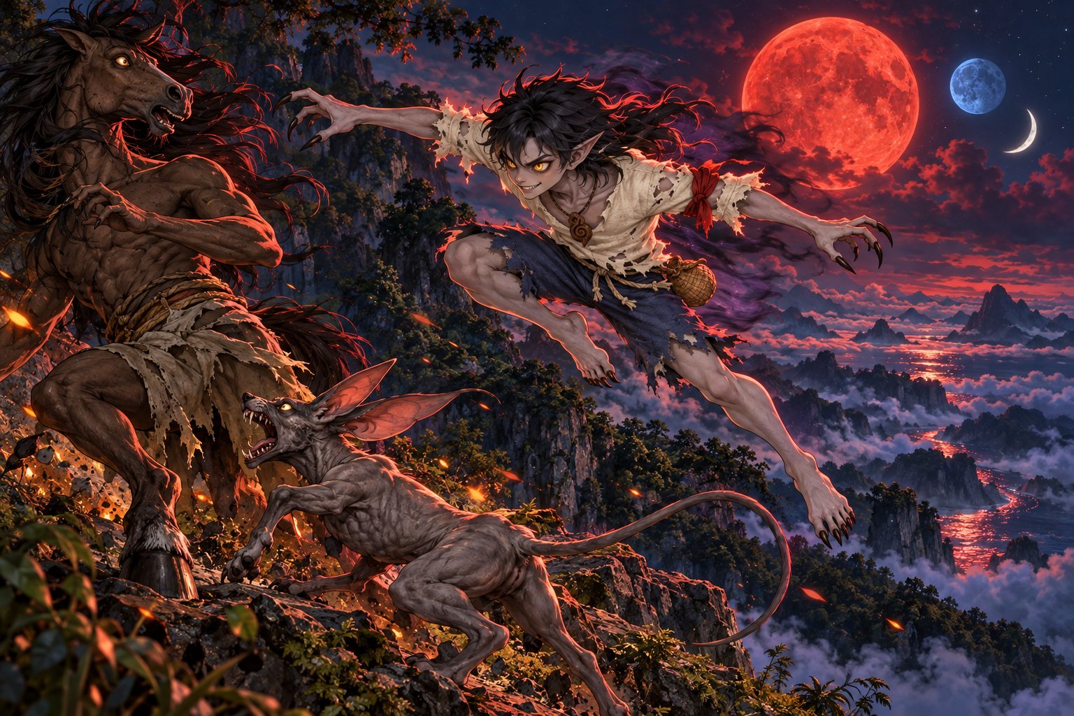 An Aswang in true form leaping with bared claws under the red moon on a mountain ledge above a sea of clouds, against a Tikbalang and a Sigbin