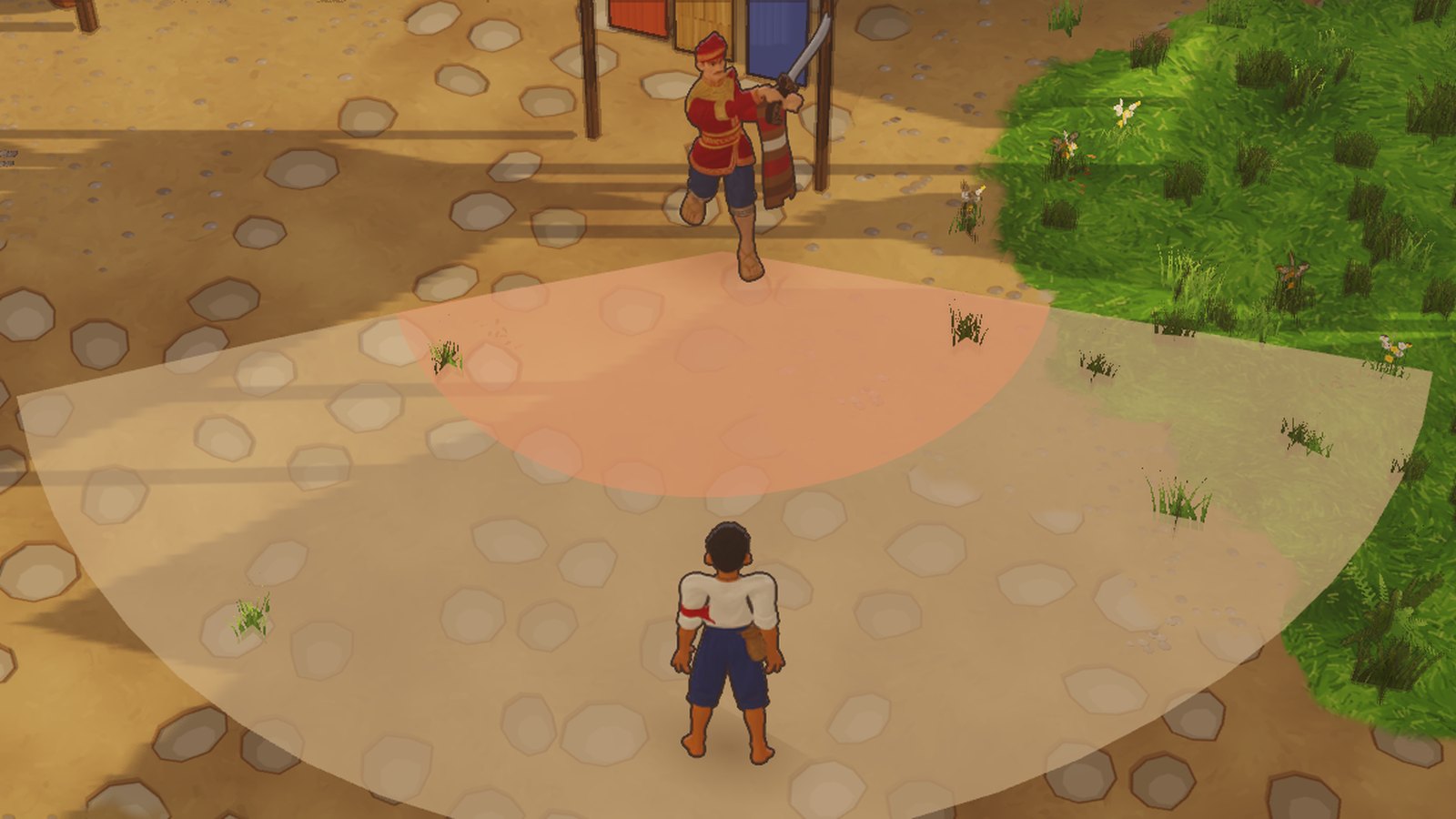 The Lakan, a Tao war-leader with a kampilan and a tall shield, winding up a great sweep; its arc glows on the ground before a player
