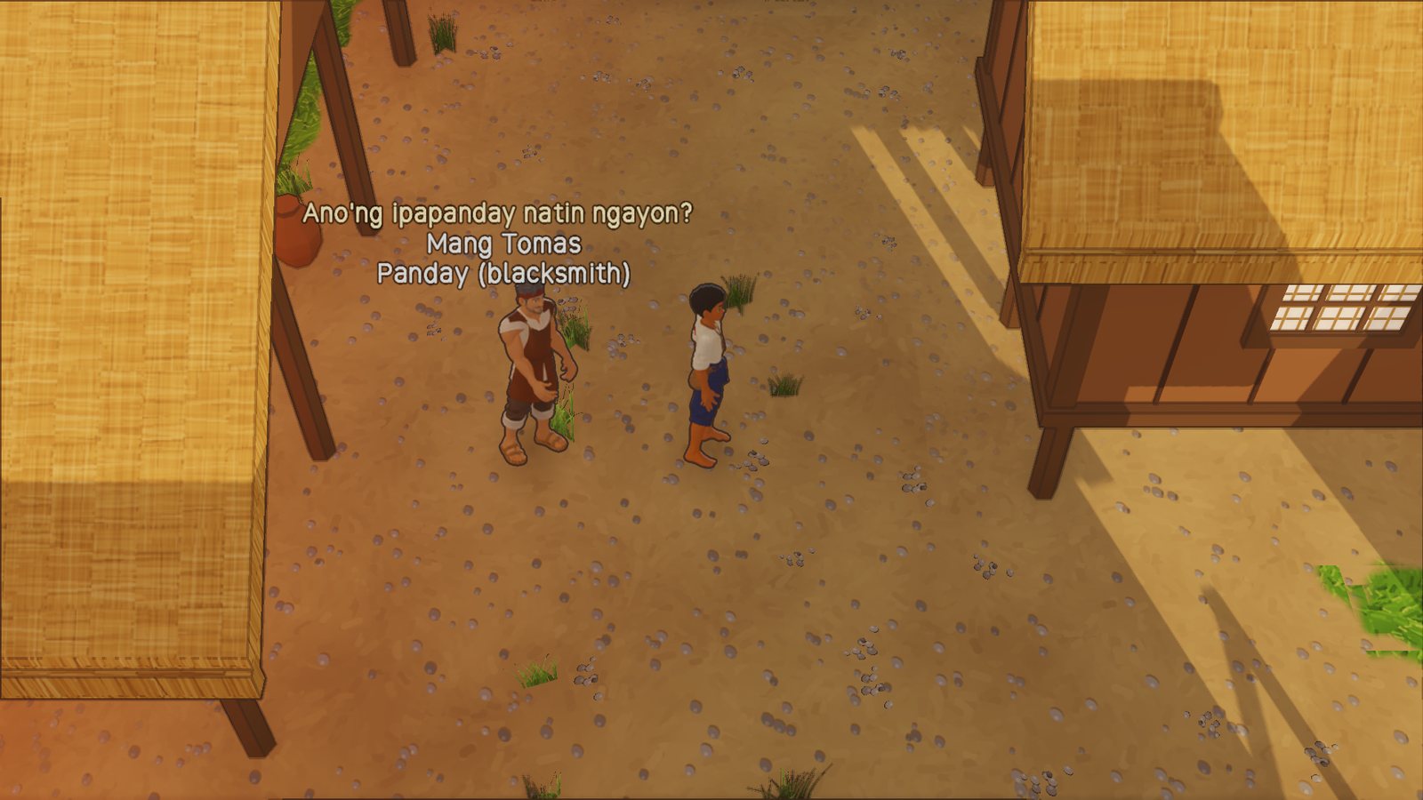Mang Tomas the blacksmith greeting a player at his forge in Nilang